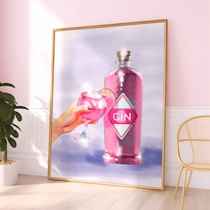 Pink Gin Flasche Kunst, Cheers druckbare, Bar Warenkorb Dekor, Cocktail Wandkunst, Pink Gin-Liebhaber Geschenk, digitaler Download, pink Bar Warenkorb Druck