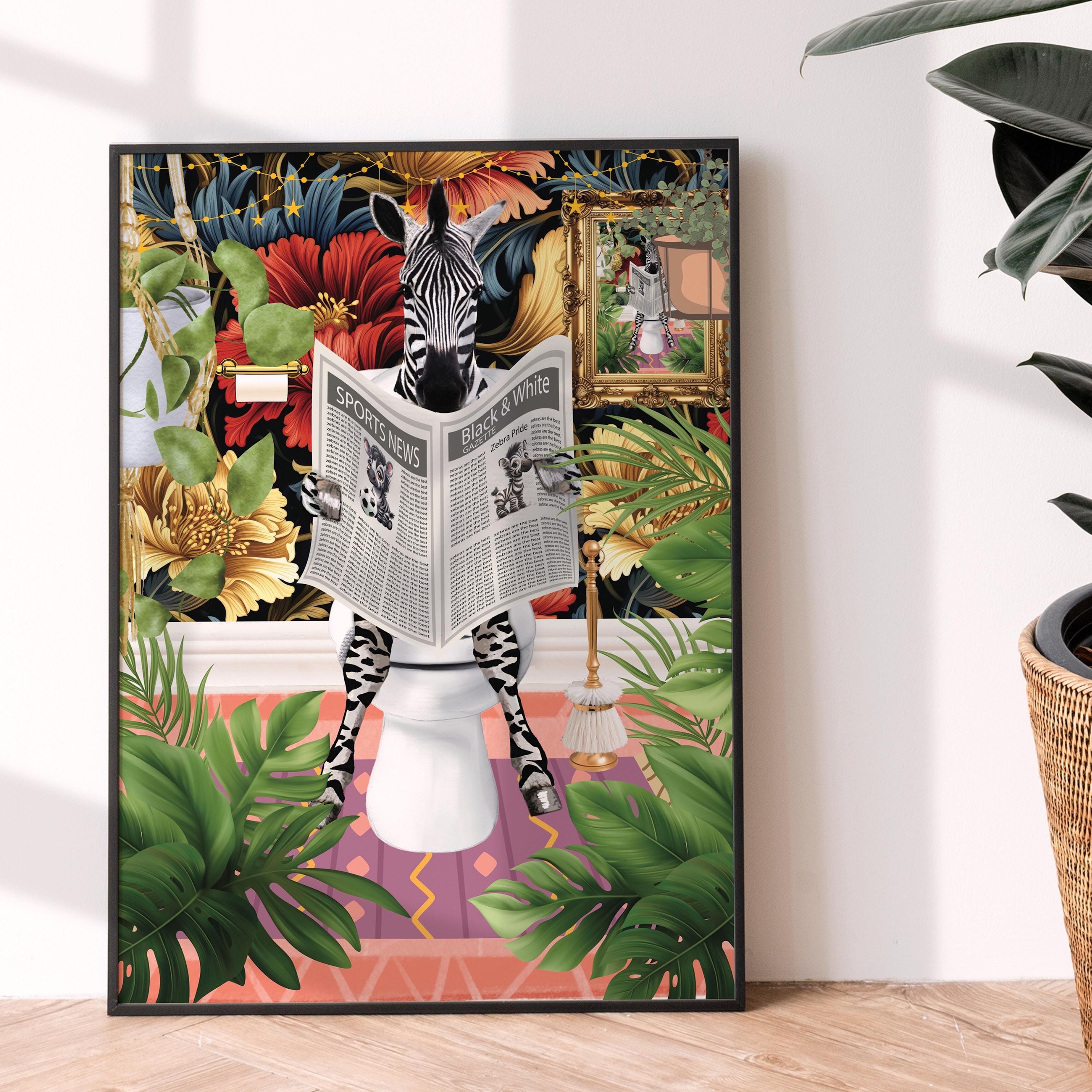 Zebra Reading Newspaper on Toilet: Botanical Bathroom Art (digital