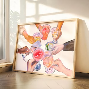 乾杯の印刷可能な壁アート | バーカートとレトロなワインのプリント | トレンディなバーカートアート | キッチンやリビングルームに楽しいワインアート