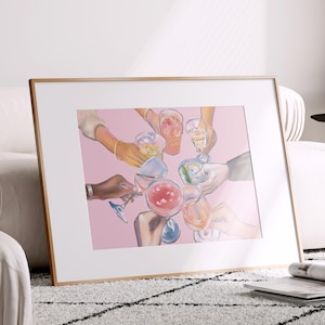 乾杯の印刷可能な壁アート | ピンクのバーカートアート | レトロなワインプリント | トレンディなバーカートアート | キッチンやリビングルームに飾る楽しいワインアート