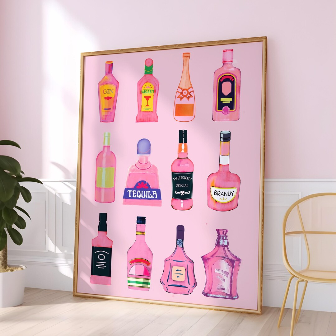 Pink Alcohol Bottles Art Print: Preppy Bar Cart Decor (digital Download ...