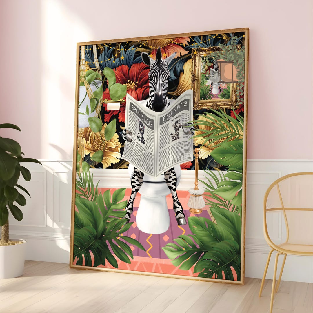 Zebra Reading Newspaper on Toilet: Botanical Bathroom Art (digital