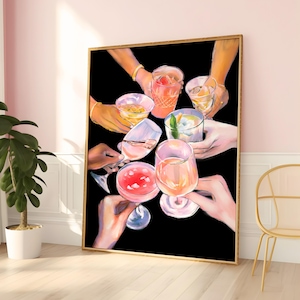 Proost afdrukbare muurkunst | Zwarte barwagen en retro wijnprint | Trendy barwagenkunst | Leuke wijnkunst voor keuken of woonkamer