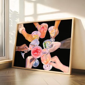 乾杯の印刷可能な壁アート | ブラックバーカートとレトロなワインプリント | トレンディなバーカートアート | キッチンやリビングルームに楽しいワインアート