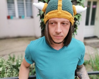 Gorro de ganchillo con forma de casco vikingo/Gorro con casco para niño/Gorro vikingo/Gorro vikingo verde