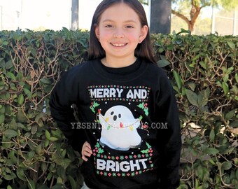 Christmas Merry & Bright Surprised Ghost "Ugly" Cute Christmas Sweater