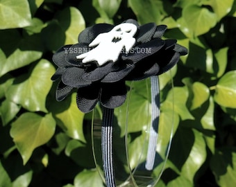 Spooky Floating Ghost Black Flower Striped Headband