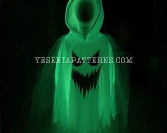 Glow in the Dark Floating Surprised Spooky Ghost Poncho with jagged edges - Halloween Ghost Costume Cape Toddler