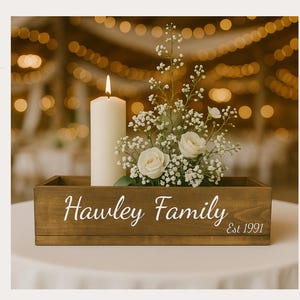 Custom wood box centerpiece for rustic wedding decor | Personalized wedding table decor with Mr & Mrs name and date