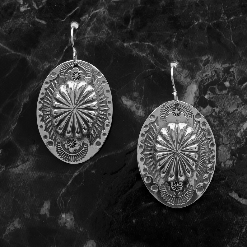 Oval Concho Flower Silver Earrings-Dangle Earring-South West Jewelry-Dangle Earrings-Earrings for Women