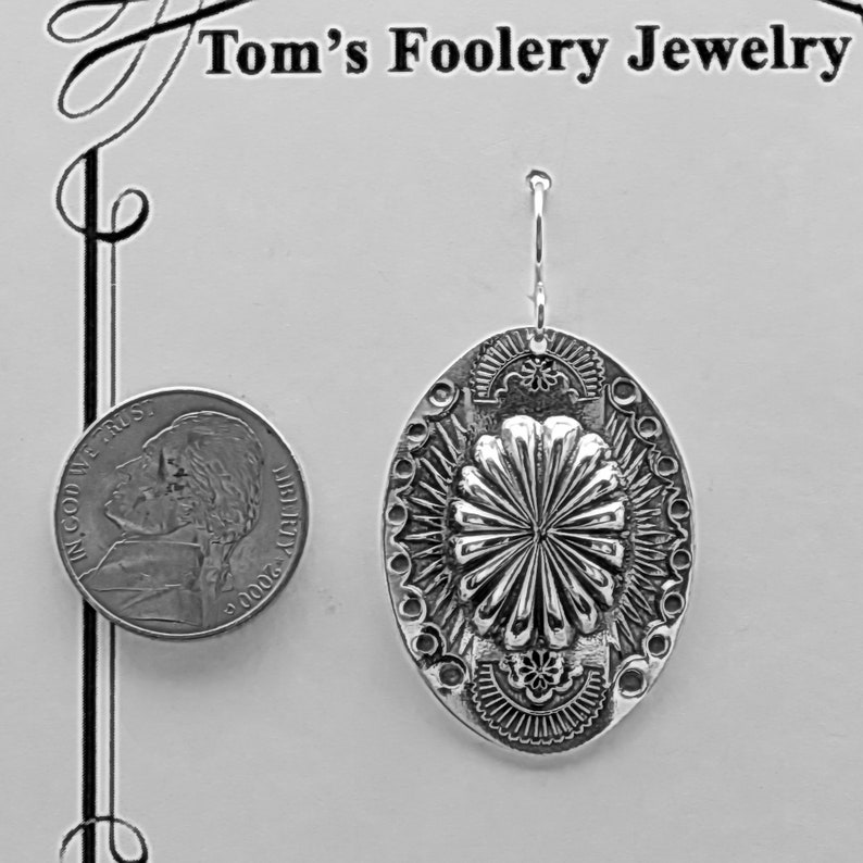 Oval Concho Flower Silver Earrings-Dangle Earring-South West Jewelry-Dangle Earrings-Earrings for Women