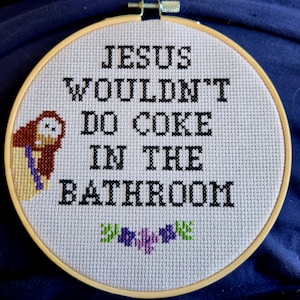 Jesus wouldn't do coke in the bathroom, finished cross stitch