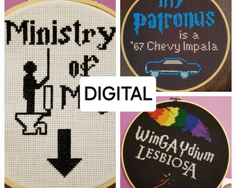 May include: Three embroidery hoops with different designs. The first hoop has white fabric with black text that reads "Ministry of Me" and a black silhouette of a person standing at a desk. The second hoop has black fabric with white text that reads "My Patronus is a '67 Chevy Impala" and a blue car silhouette. The third hoop has black fabric with rainbow colored text that reads "Wingardium Leviosa" and a rainbow feather.