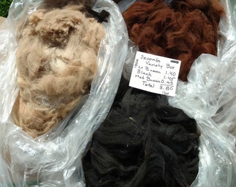 Raw Alpaca Neck Fiber - 2nd's Variety Box  Total 3.8 lbs  Light Brown, Black, Medium Brown