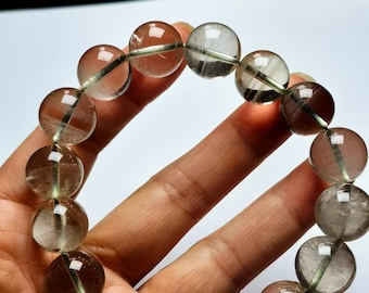 Tibetan High Altitude Clear Green Phantom Crystal Quartz Bracelet Bead 13 mm, Healing Energy#20230604