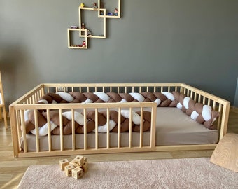 Brooklyn - Montessori Floor Bed, Kids, Handmade, Children’s furniture, Slats, Minimalist, Rails, Entrance, Natural Wood