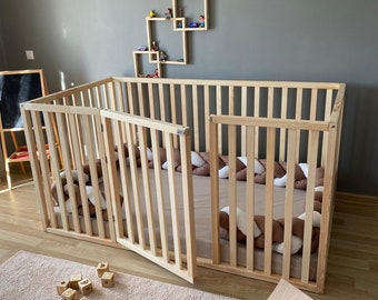Customized Madison with 50 inch High Rails -  Montessori, Floor Bed, Playpen, Gated Door, Slats, Wood, Natural, Active Climber, Toddler