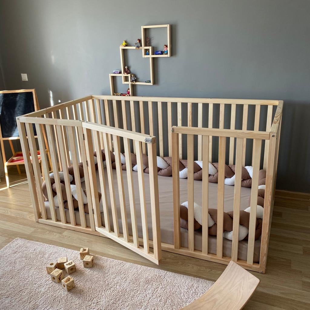Madison - Floor Bed, Playpen, Active, Climber, Escaper, Gated Door, Natural Wood, High Rails, Twin, Full, Queen, Slats