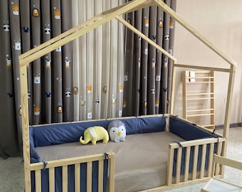 Henrietta - Playhouse Floor Bed  - Kids, Toddler, Handmade, Children’s furniture, Slats, Rails, Canopy, House Bed, Natural Wood