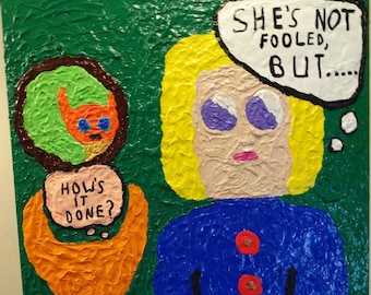 Hand painted original. Thoughtful pet and girl in personal thoughts and observations.  Bonus: Painted on all sides. Can be hung as is.
