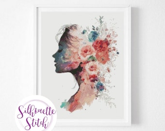 Flower girl head watercolor Cross Stitch Pattern - Counted Cross Stitch Pattern - Hand Embroidery - Modern Pattern  - PDF File