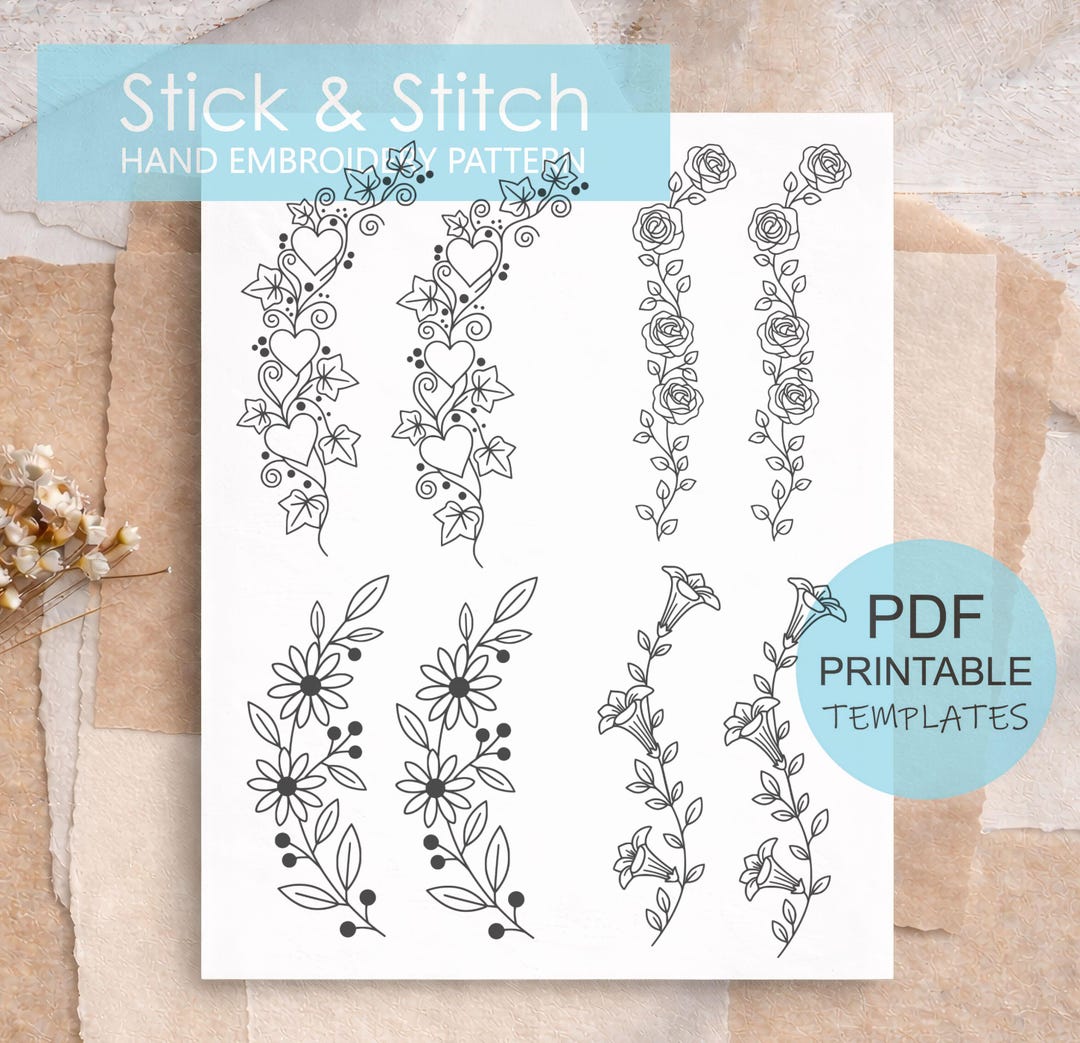 Floral Pairs Stick & Stitch Hand Embroidery Designs - Digital PDF File ...