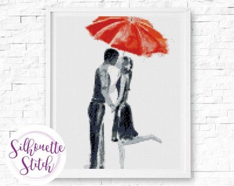 Romantic couple silhouette  watercolor Cross Stitch Pattern- Modern Cross Stitch Pattern