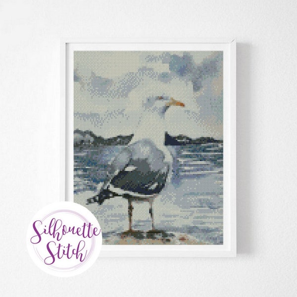 Seagull Seascape watercolor Cross Stitch Pattern - Counted Cross Stitch Pattern - Hand Embroidery - Modern Pattern  - PDF File