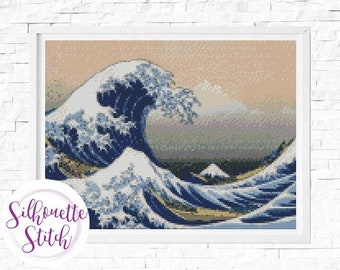 Japanese landscape sea wave Cross Stitch Pattern - Counted Cross Stitch Pattern - Hand Embroidery - Modern Pattern  - PDF File