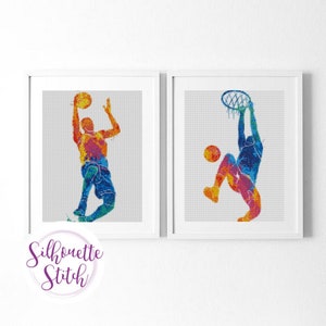 Patrón de punto de cruz de acuarela de jugador de baloncesto - Patrón de punto de cruz contado - Bordado a mano - Patrón moderno - Archivo PDF