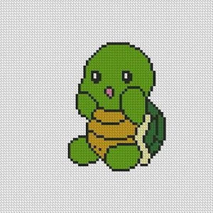 May include: A green turtle with a brown shell and big eyes. The turtle is sitting on its hind legs with its front legs crossed.