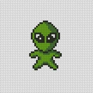 Op de afbeelding: Een gepixelde groene alien met grote zwarte ogen en een eenvoudige lichaamsvorm.