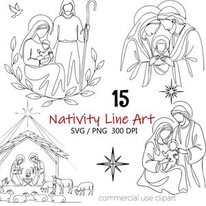 May include: A collection of black and white line art illustrations featuring nativity scenes, including figures of the holy family, a stable, animals, and stars. The text reads 15 Nativity Line Art SVG / PNG 300 DPI commercial use clipart.