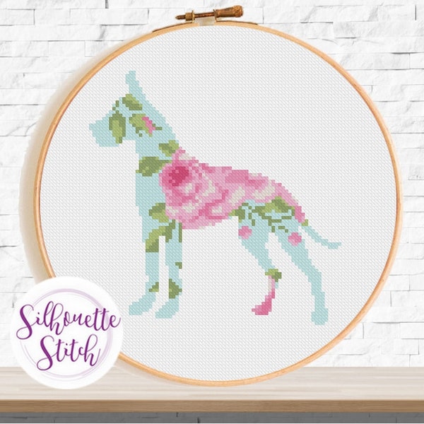 Grate Dane Cross Stitch Pattern - Floral Dog  - Dog lover gift Cross Stitch - Modern Pattern - Digital PDF File