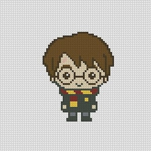 May include: A pixel art illustration of Harry Potter, a young boy with brown hair and glasses, wearing a black robe and a red and gold scarf.
