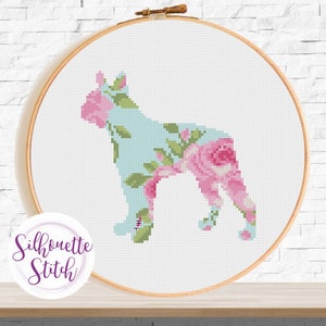 Boston Terrier Cross Stitch Pattern - Floral Dog  - Dog lovers gift Cross Stitch -Modern Pattern  - Digital PDF File