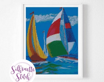 Sailboats Seascape watercolor Cross Stitch Pattern - Counted Cross Stitch Pattern - Hand Embroidery - Modern Pattern  - PDF File