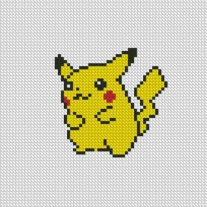 May include: A pixelated yellow cartoon character with red cheeks and black ears. The character is standing with its arms crossed and has a small tail.