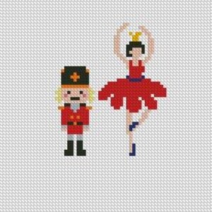 May include: Cross-stitch pattern featuring a Nutcracker soldier in a red uniform and a ballerina in a red dress with a gold crown. The figures are pixelated against a white background, evoking a classic holiday theme.