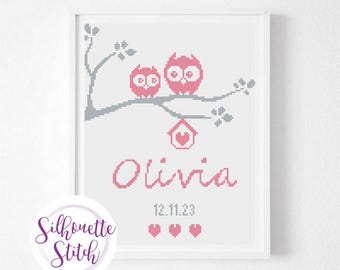 Baby girl birth announcement cross stitch pattern - Owls birth announcement cross stitch pattern - Easy cross stitch for beginners