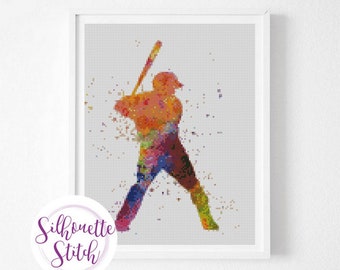 Baseball Player watercolor Cross Stitch Pattern - Counted Cross Stitch Pattern - Hand Embroidery - Modern Pattern  - PDF File