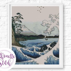 Japanese landscape sea wave Cross Stitch Pattern - Counted Cross Stitch Pattern - Hand Embroidery - Modern Pattern  - PDF File