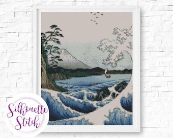 Japanese landscape sea wave Cross Stitch Pattern - Counted Cross Stitch Pattern - Hand Embroidery - Modern Pattern  - PDF File