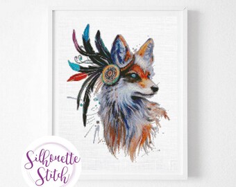 Boho  tribal Fox  watercolor Cross Stitch Pattern - Modern Cross Stitch Pattern  - Counted Cross Stitch Pattern - Hand Embroidery - PDF File