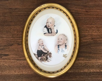 1950s Hand Colored Vintage Sheridan Photo Collage Oval Framed and Matted Hand Tinted Colorized Baby Picture Boy on Jumping Rocking Horse