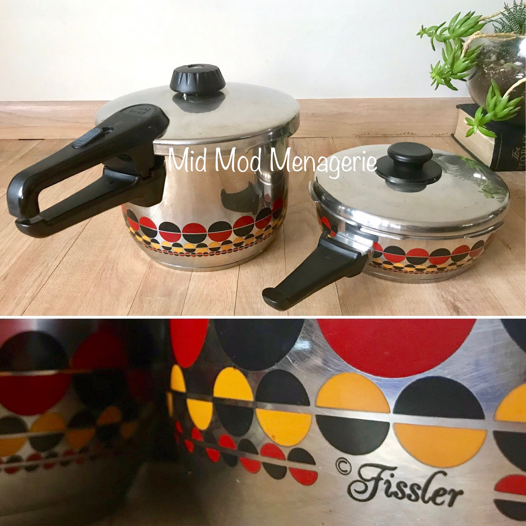 6.4qt & 2.7qt Fissler Vitavit Vintage Pressure Cooker Pans W/  Interchangeable Lids Stainless solar 1AD 1BD Red Yellow Black Dots Germany  