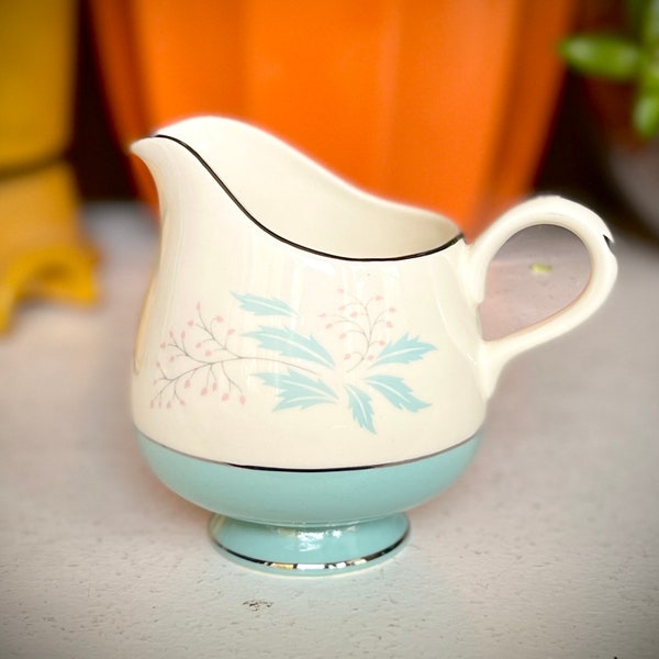 12oz MINT COND Cream Pitcher / Jug Cavalier Eggshell Romance Holly/Leaves Wide Turquoise Band and Platinum Trim by Homer Laughlin