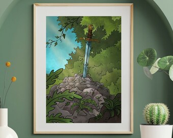 Excalibur sword print, King Arthur sword poster, Excalibur digital illustration, Fantasy knight sword art, dnd print, King Arthur Print