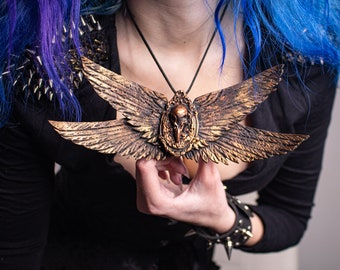 Skull with Wings pendant, gothic wings pendan, fantasy pendant with sword, sword jewelry, skull and wings jewelry, Angel Wings Necklace