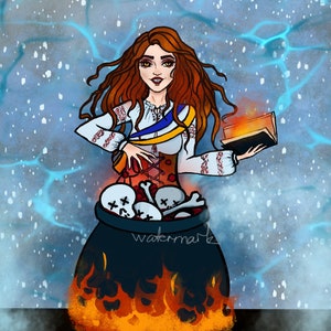 Pintura da bruxa de Konotop na Ucrânia, arte digital sobre a guerra na Ucrânia, bruxa ucraniana, apoie a Ucrânia, reze pela Ucrânia, cartão de mulher ucraniana PNG